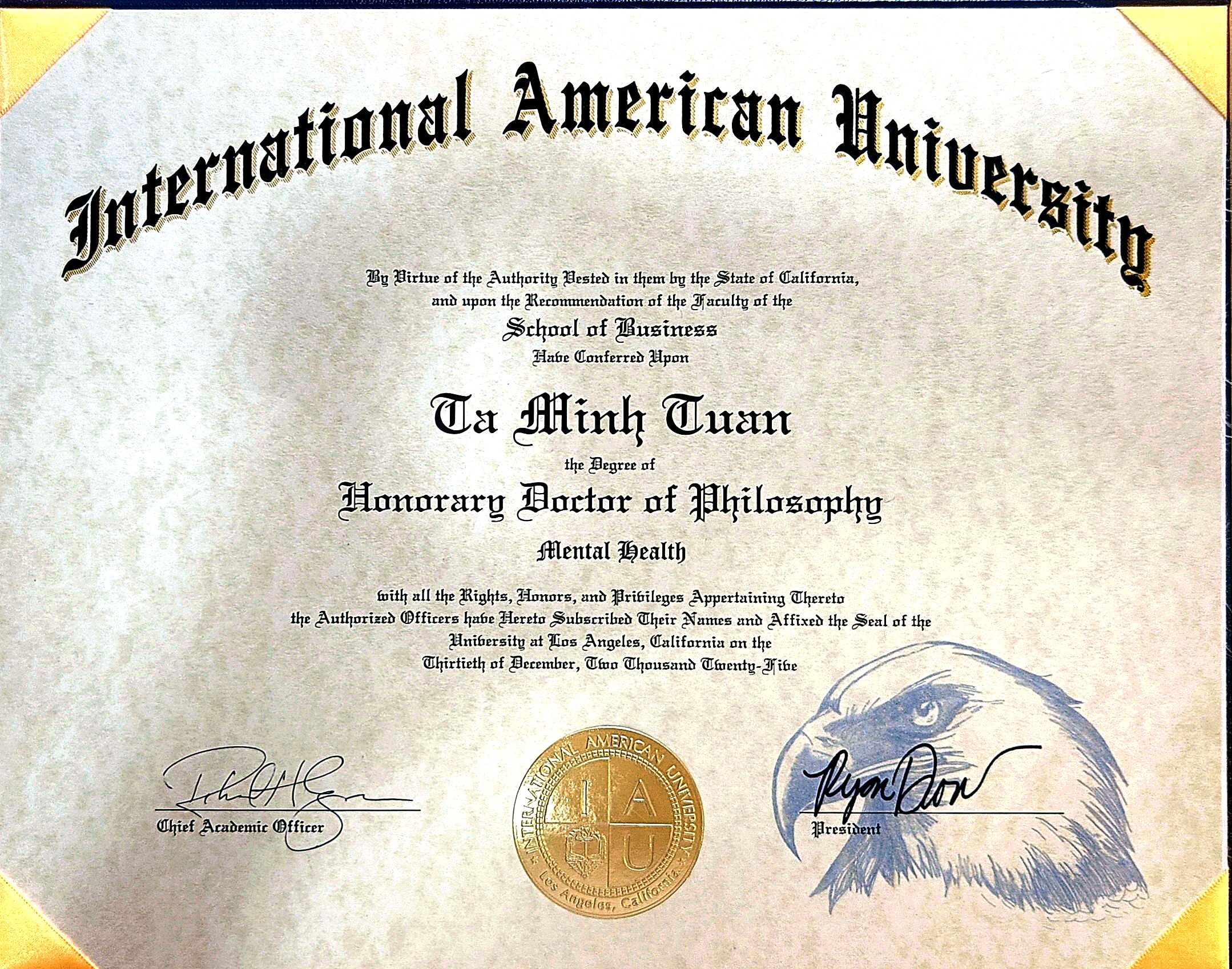 Bằng Honorary Doctor of Philosophy in Mental Health của International American University trao cho Ta Minh Tuan, ký ngày 30/12/2025