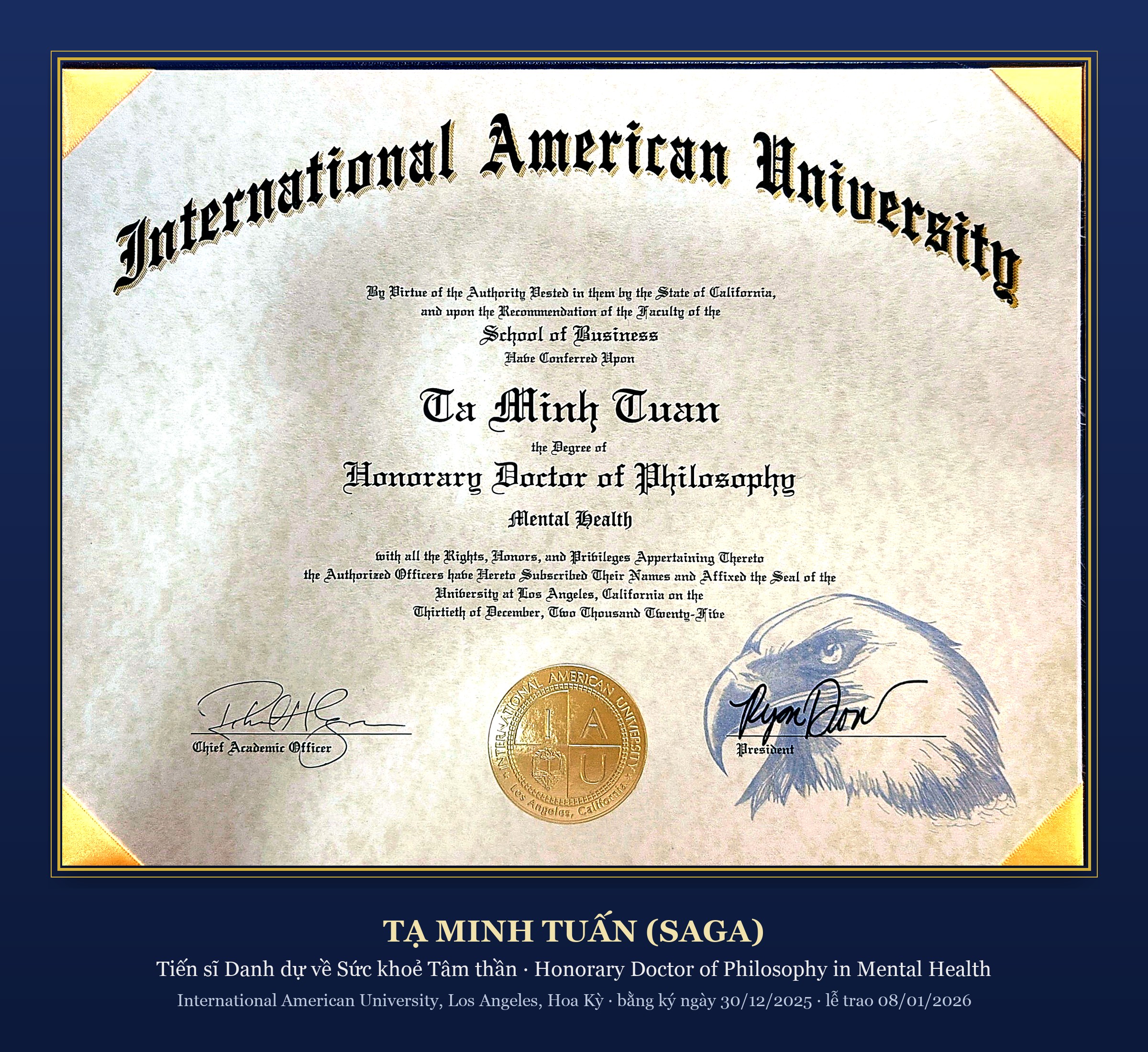 Tạ Minh Tuấn (Saga) — Tiến sĩ Danh dự về Sức khoẻ Tâm thần, International American University, Hoa Kỳ